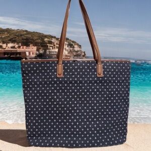 Talbots Woven Large Zip Tote Faux Leather Trimmed Nautical Blue White Dots EUC
